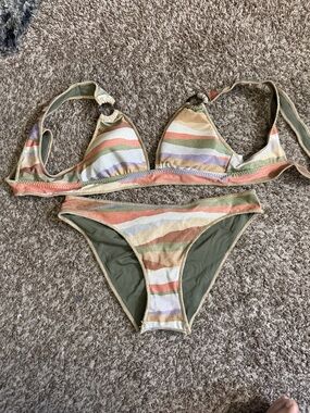 BECCA sm top, med bottom Striped Triangle Bikini with Olive Green Lining